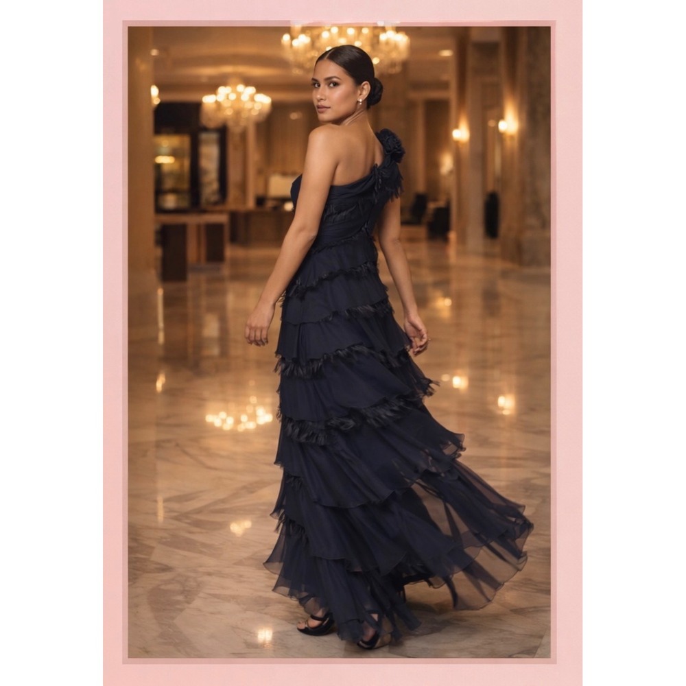 Navy Blue One Shoulder Tadashi Shoji Tiered Maxi Gown‎ Dress S Navy Excellent